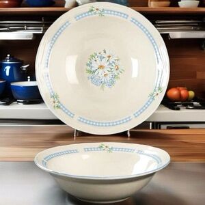 Tienshan Stoneware Daisy Bouquet Blue Trim 7” Soup Salad Cereal Bowls (4)